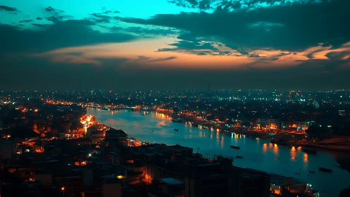 Teal dusk skyline reflects across illuminated river corridor