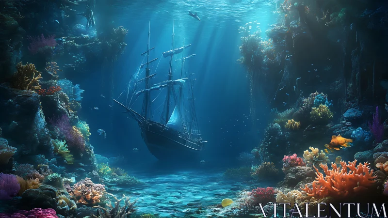 Sunken wooden sailing ship resting amid dense coral reef