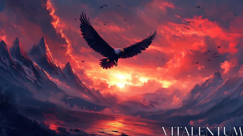 Majestic eagle soaring over fiery mountain landscape at sunset.