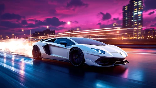 Midnight city sprint with a sleek white supercar glow.