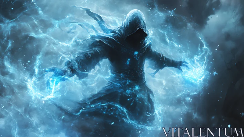 Mystical hooded mage weaving swirling blue frostfire magic.