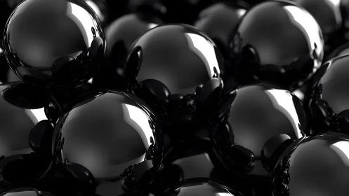 Glossy black spheres clustered in tight reflective arrangement.