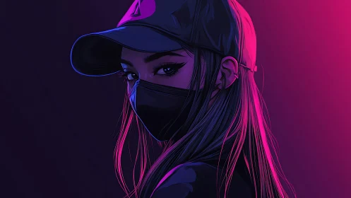 Masked woman in cap under pink and purple neon lighting.