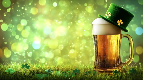 Lucky lager in a shamrock hat glows on emerald meadow.