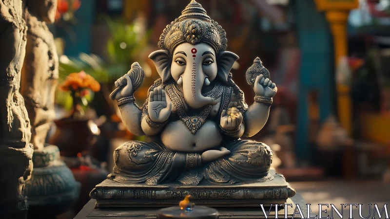 Ganesha statue sits centered on pedestal in outdoor shrine