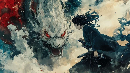 Stormlit swordsman duels spectral wolf forged from clouds.