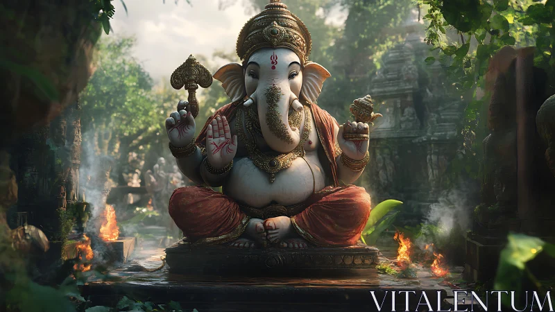 Serene Ganesha idol amid jungle temple ruins at sunrise.