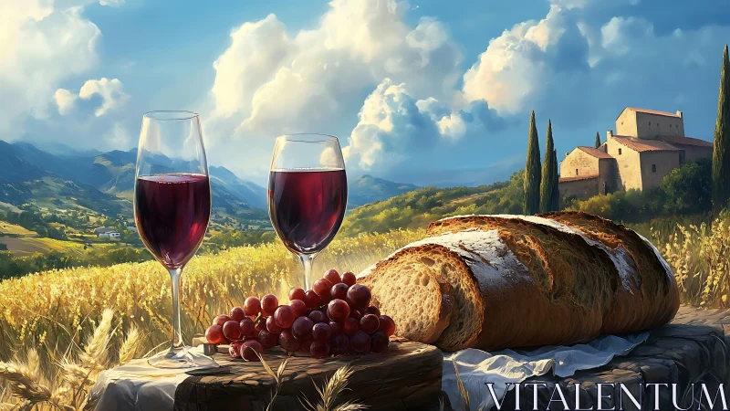 Tuscan Vineyard Harvest: Wine, Bread, and Rolling Landscape.