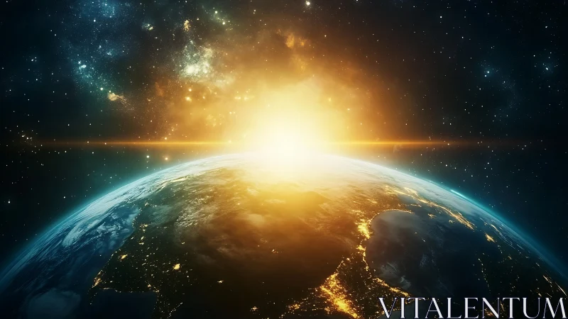 Solar dawn over Earth with luminous city lights and nebula glow.