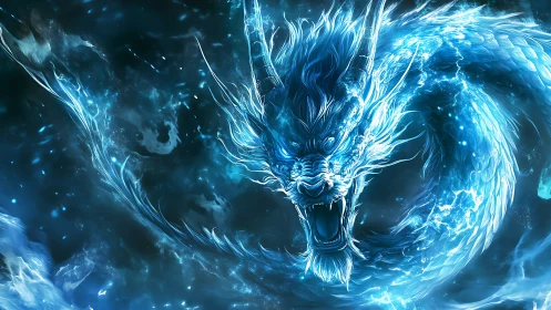 Roaring blue spirit dragon coils through swirling icy light