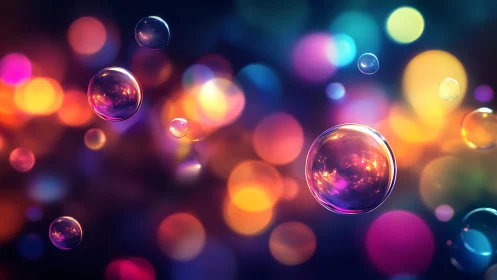 Soap bubbles float against multicolored bokeh light background
