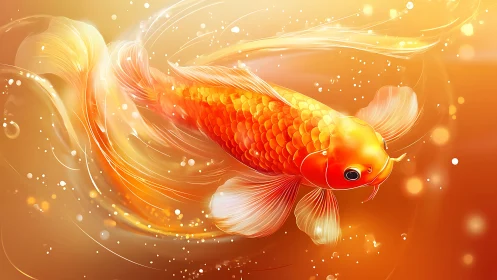 Glowing golden koi fish drifts gently through swirling light