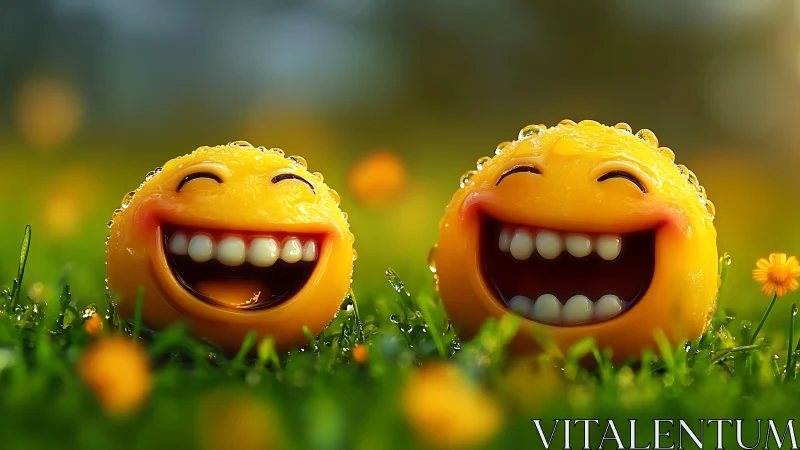 Joyful smiley friends sharing sunshine in a dewy meadow.