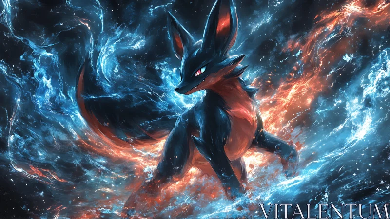 Blue and red elemental fox creature in swirling energy field.
