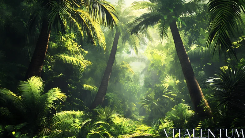 Tropical Rainforest Pathway Illuminated by Golden Sunlight