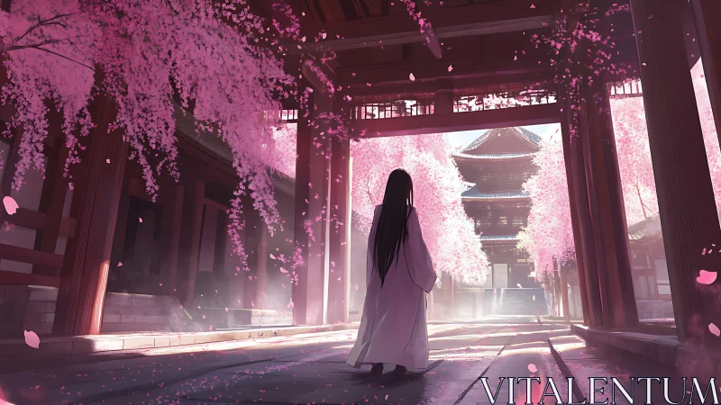 Solitary figure walks toward a temple beneath drifting sakura blooms
