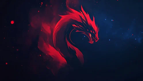 Crimson cosmic dragon curled in a storm of starlight.