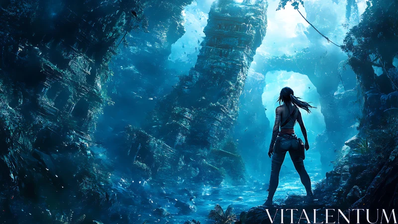 Digital painting of explorer in luminous jungle ruins environment.