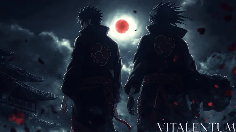 Dark cloaked warriors stand beneath blood moon sky