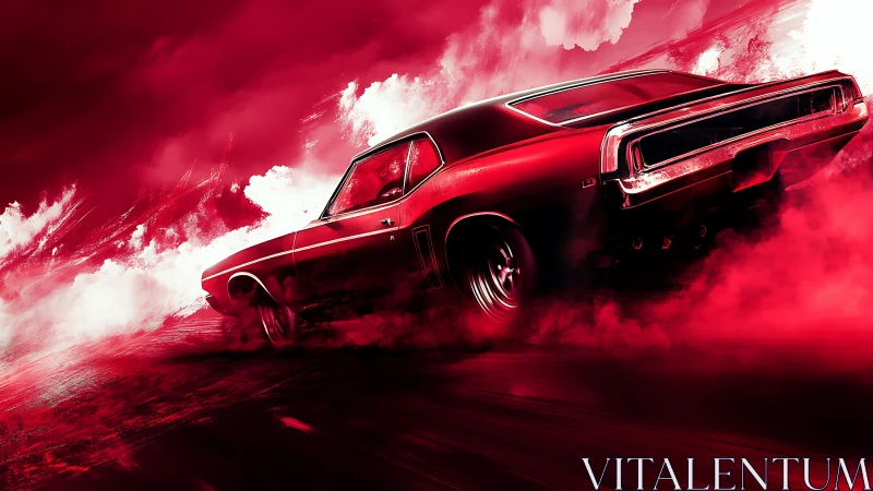 Muscle car powerslide in red monochrome motion field.
