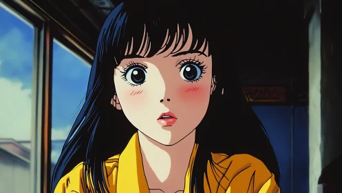 Surprised anime girl portrait in warm interior light.