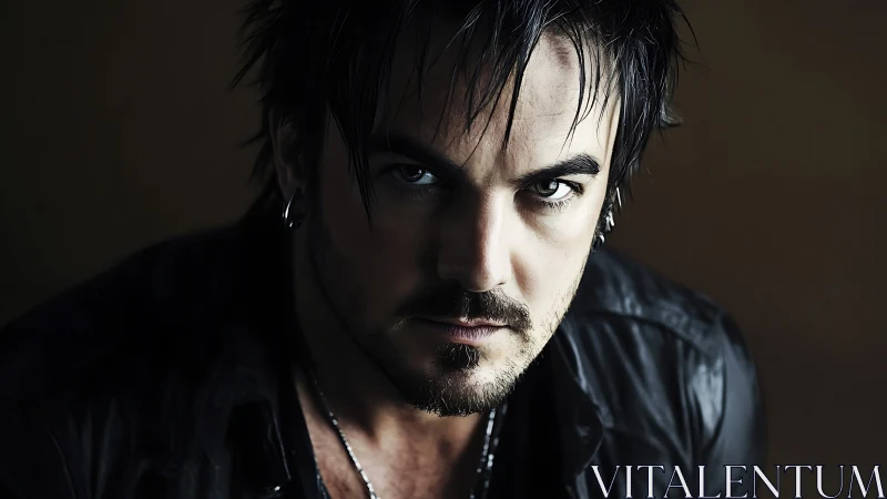 Man with intense gaze looks directly toward the camera