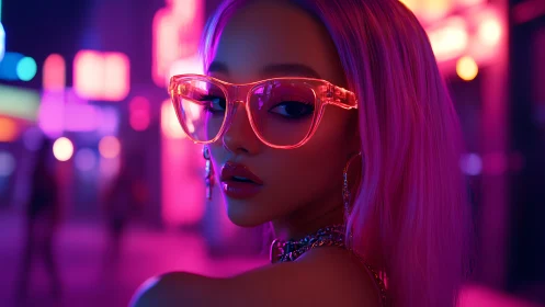 Neon-lit girl turns in glowing cyber city night haze