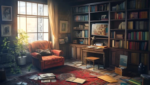 Cozy vintage study with red armchair and tall bookcases.