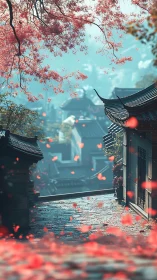 Cherry blossoms over narrow stone alley in old town.