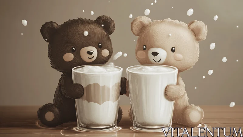 Digital painting of teddy bears sharing milk glasses in duet.