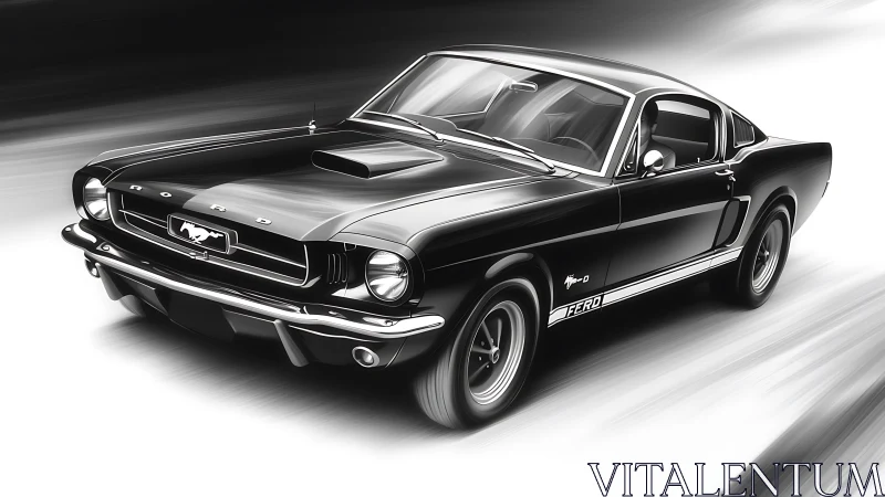 High contrast rendering of classic fastback muscle car in motion