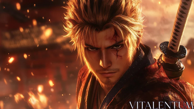 Scarred samurai warrior amid blazing embers at dusk.