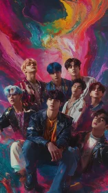 Group portrait of eight men against vivid abstract backdrop