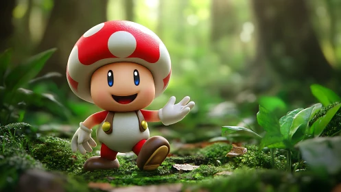 3D forest vignette with stylized mushroom character figure.