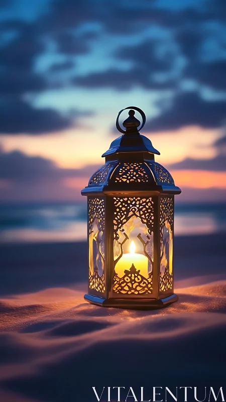 Metal lantern with candle stands on sand at coastal sunset