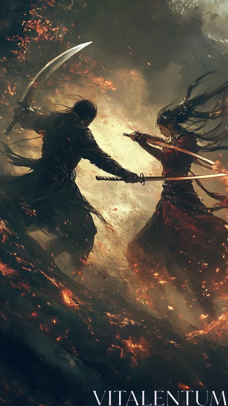 Fiery duel between two warriors in a storm of embers.