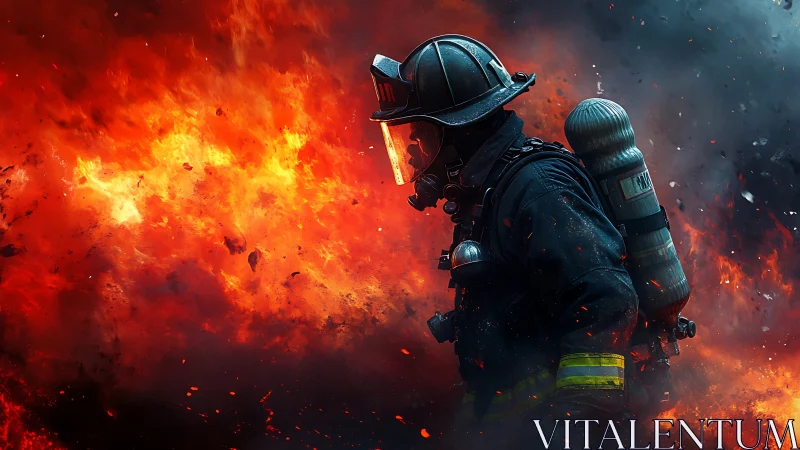 Firefighter in protective gear confronting intense flames and explosive fire conditions