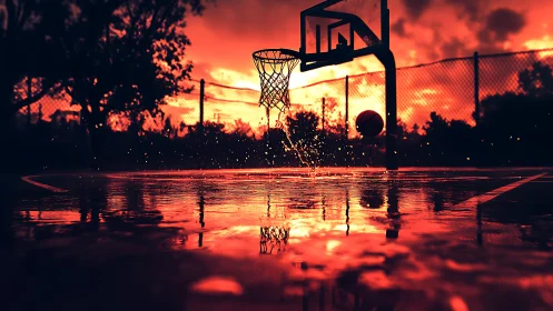 Sunset street court with wet hoop and dynamic reflections.