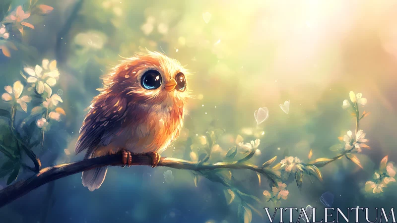 Adorable Big-Eyed Owl on Branch in Dreamy Watercolor Style.