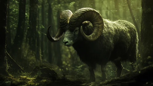 Massive horned ram standing in dense green forest scene.