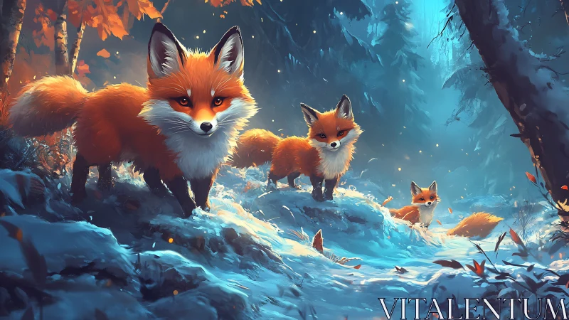 Curious red foxes explore a glowing winter forest trail.