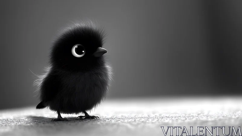 Black bird with crescent moon eye element in grayscale.