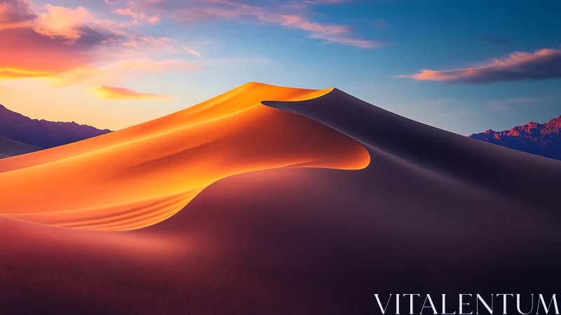 Sunlit desert dune ridge glows against deep twilight sky