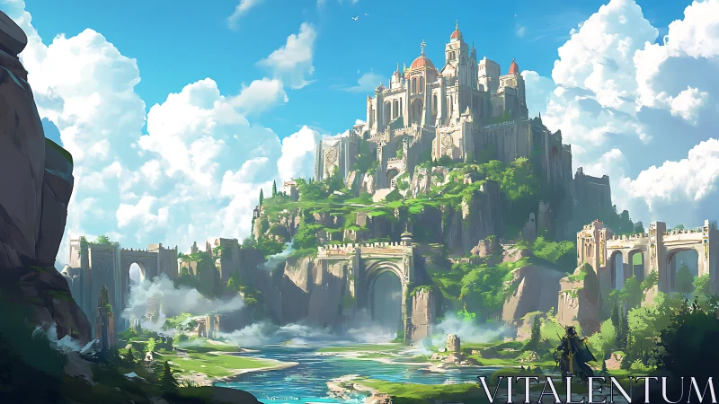 Sunlit fantasy citadel rises over lush river valley