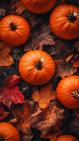 Bright orange pumpkins rest softly on rich autumn leaves