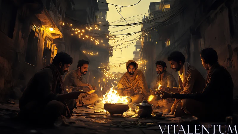 Men share street-side fire under dense wires and warm bokeh lights