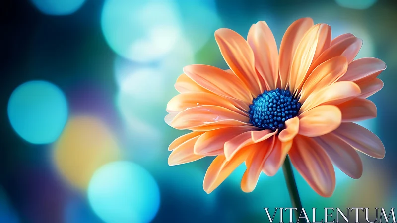 Vibrant Orange Gerbera Daisy with Blue Center Against Bokeh Background.