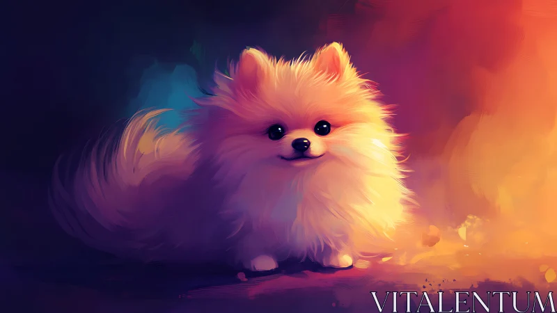 Fluffy aurora puppy glowing in dreamy neon sunset haze.