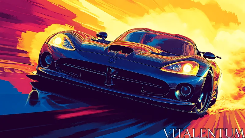 Electric blue sports car racing through neon sunset streets.