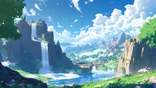 Highland waterfalls and village under volumetric cloud fields.